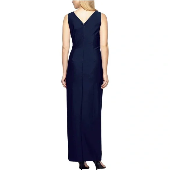 NWT Alex Evenings Navy Side Drape Tulip Hem Column Gown Size 4 Embellished